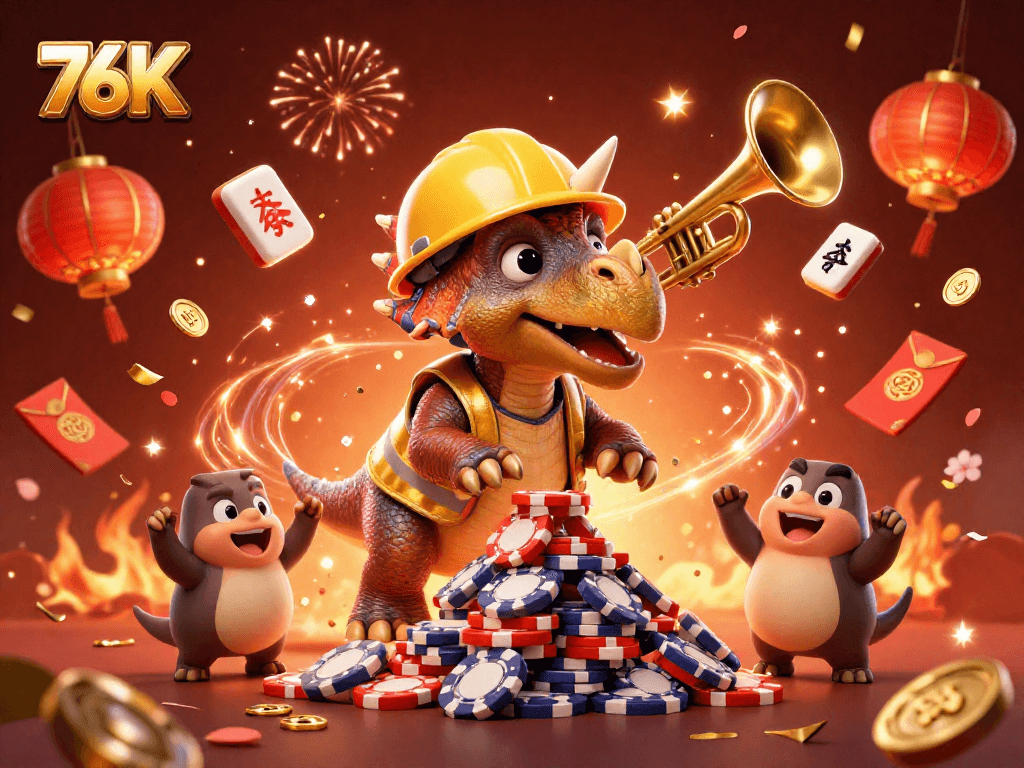 Pirâmide de fichas de poker celebrada com personagens 76K em um cenário vibrante.