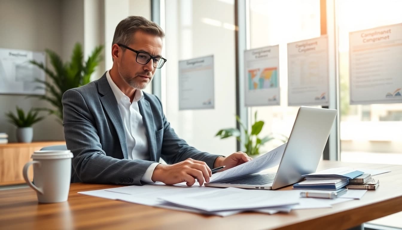 Consultant examining grants and pre-post award compliance documents in a bright office.