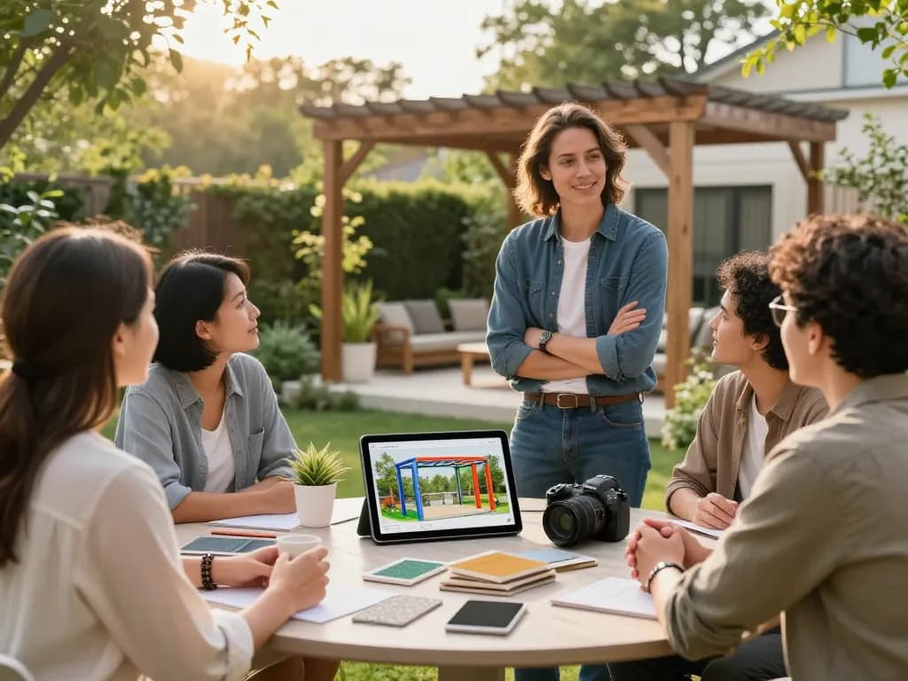 Interactive 3D Pergola Configurator in use, showcasing vibrant outdoor designs and materials during a client consultation.