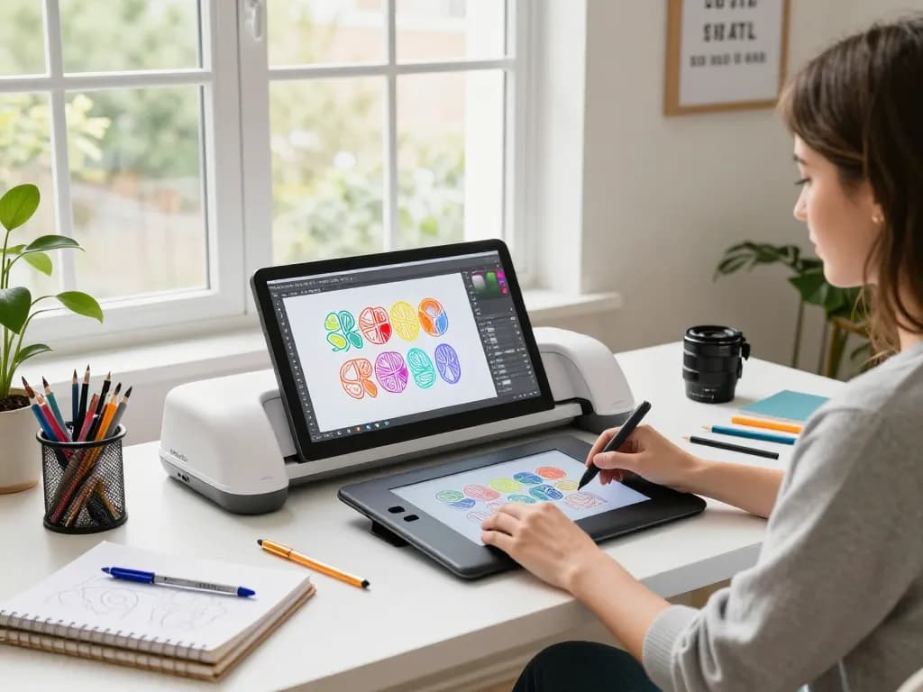 Designer crafting intricate SVG files at a modern workspace with colorful designs for Cricut projects.