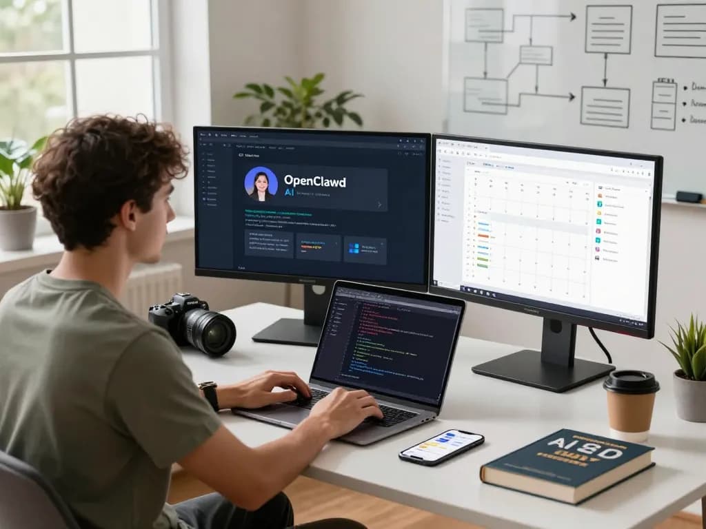 Developer using clawbot AI assistant in a modern home office setup with multiple screens and programming tools.