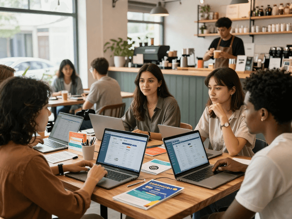 Diverse business owners collaborating on loyalty program strategies in a vibrant café setting.
