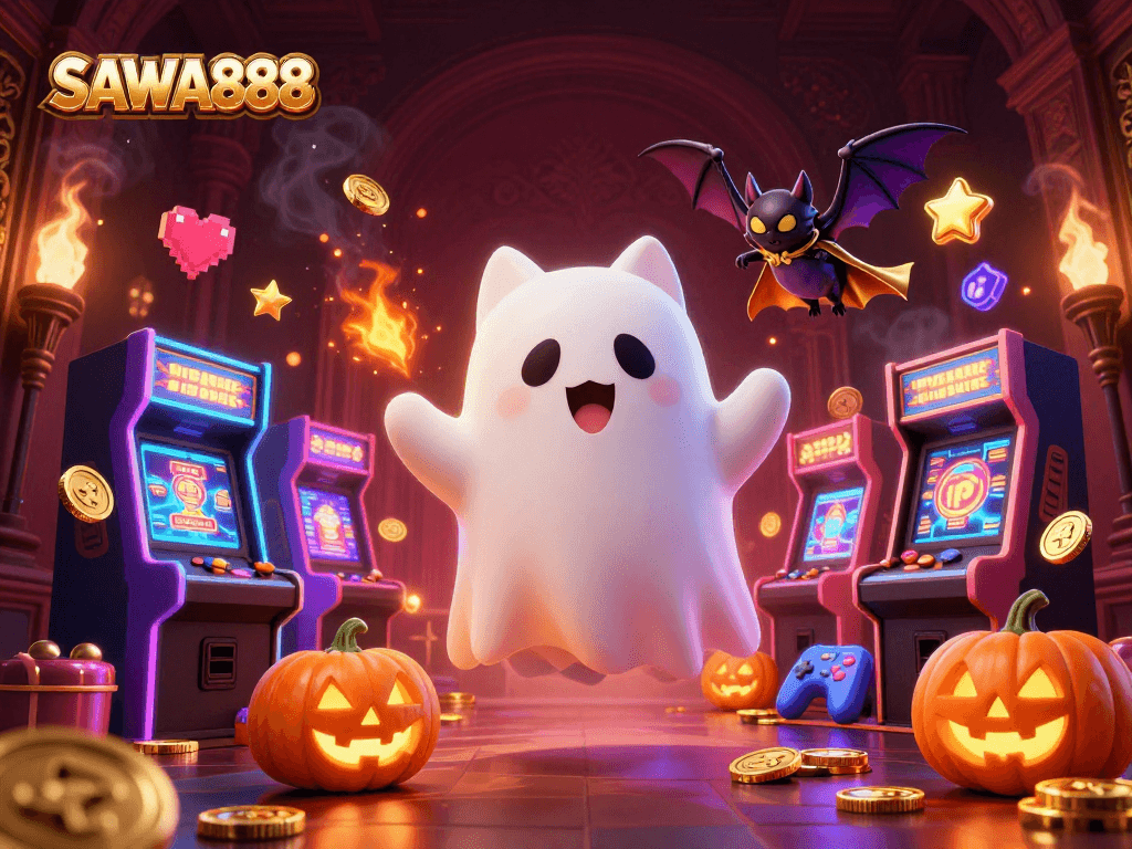 Engage with fun at SAWA888, featuring a ghost cat and bat in a casino filled with slot machines.