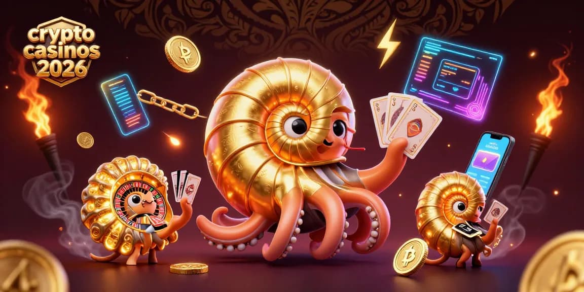 Explorez les crypto casinos 2026 avec un nautilus géant et des pièces de monnaie Bitcoin scintillantes.