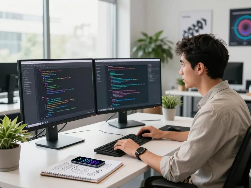 Developer using image to prompt generator in a modern tech workspace with dual monitors and bright natural light.