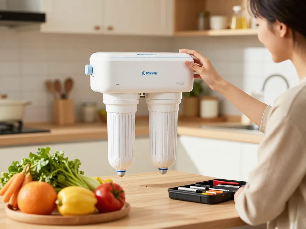 Installing Waterdrop RPWF Refrigerator Water Filter (NOT RPWFE) in a modern kitchen for clean drinking water.