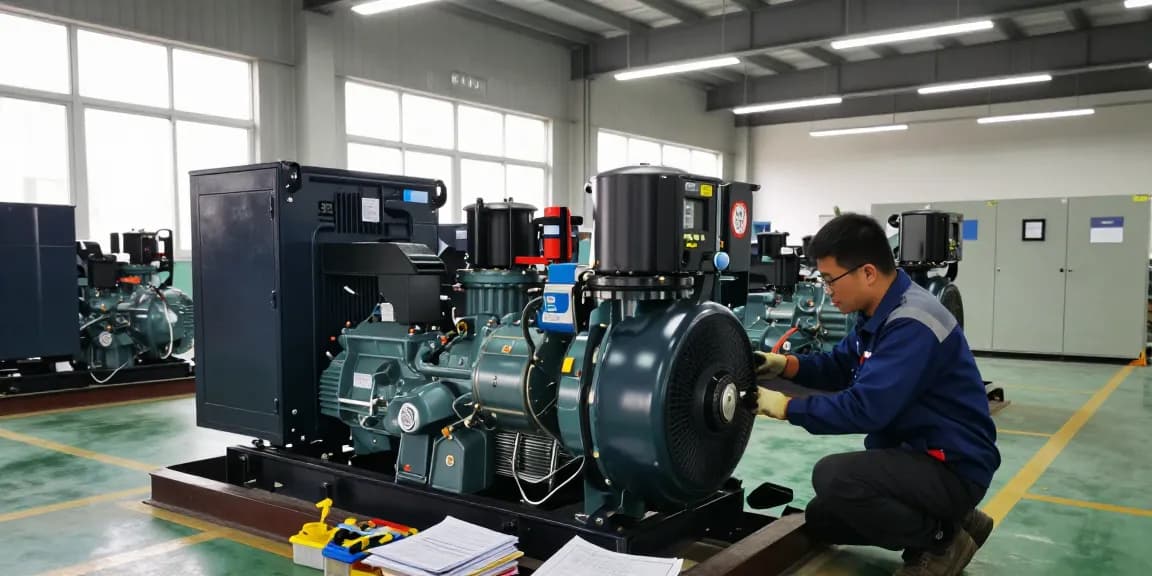 Technician performing maintenance on a diesel genset in a power facility