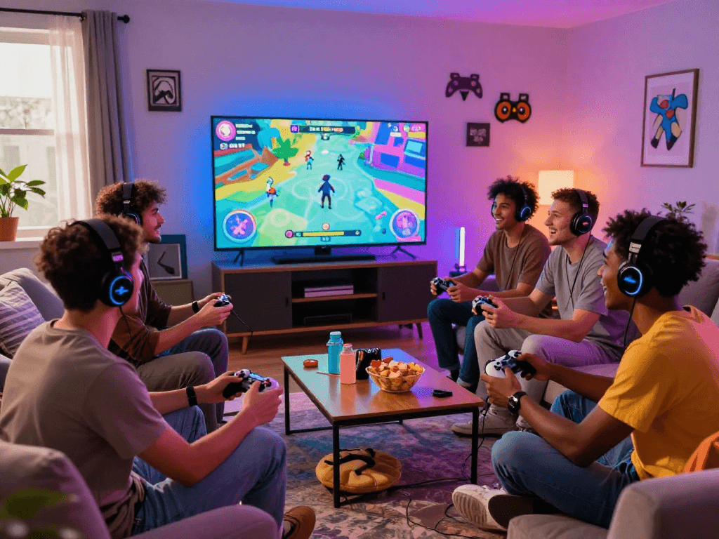 Friends enjoying a vibrant multiplayer porngame on a big screen, showcasing excitement and camaraderie in a cozy living room.