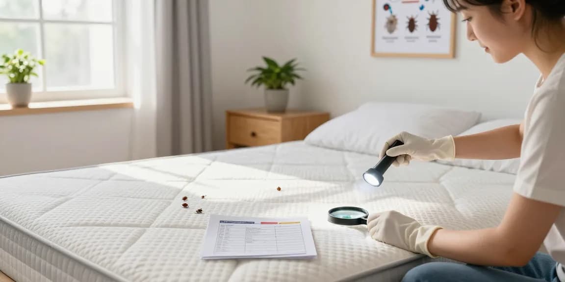 Bed bug pest control in action as individual inspects a mattress for signs of infestation.