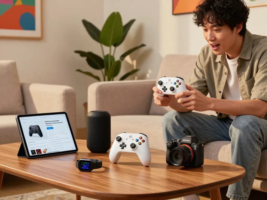 Showcasing unique tech gadgets with a person exploring Bluetooth devices in a modern living room.