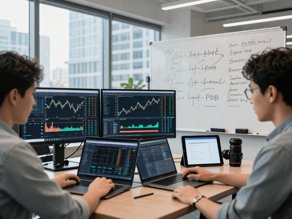 Multi-ticker Taiwan stock API monitoring in a modern tech workspace with coding screens and data analysis tools.