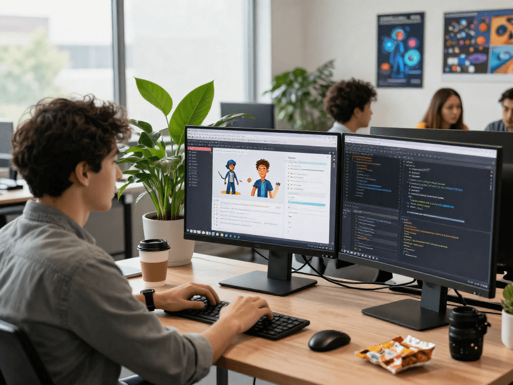 Character AI NSFW development workspace with dynamic screens and collaborative atmosphere.