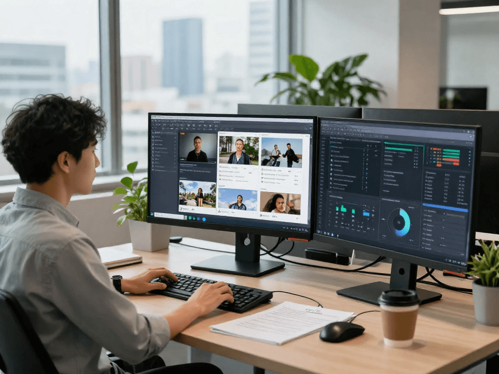 AI image detector in action, monitoring flagged content in a modern office setting with multiple screens and analytics.