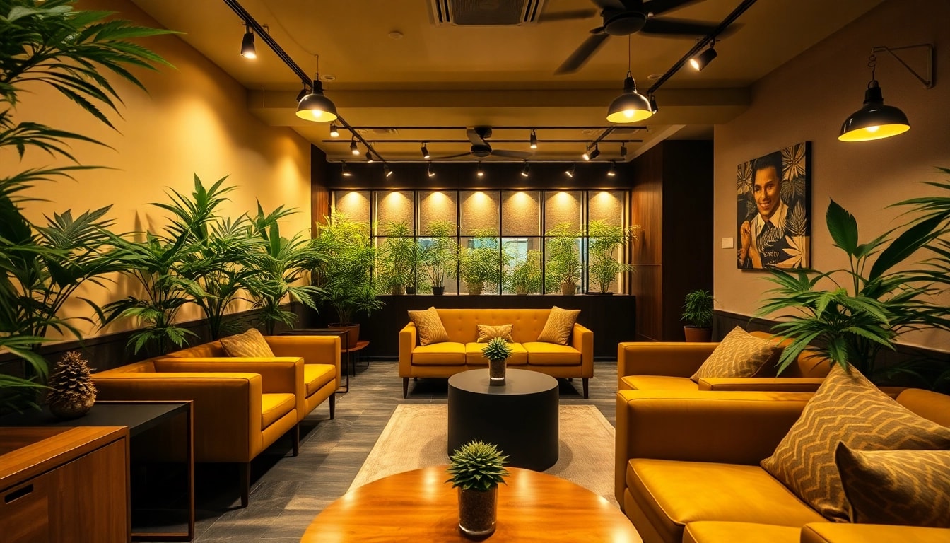 Cannabis Club Madrid offers a stylish lounge experience with plants and warm lighting.