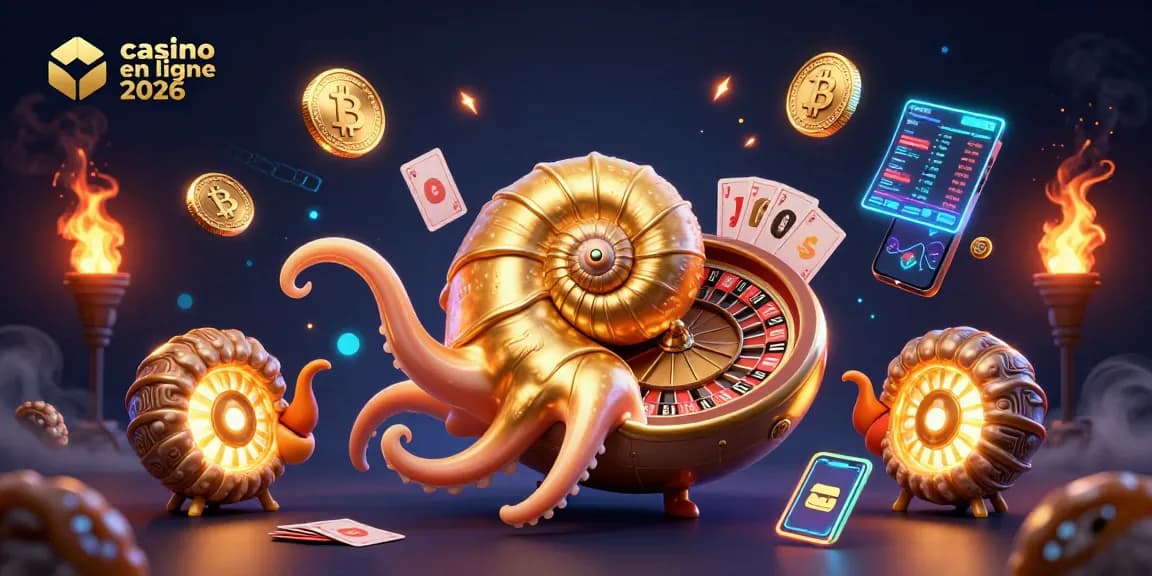 Casino en ligne 2026 : Tentacule d'un nautilus géant et éléments de jeu numériques illuminent l'univers des paris.