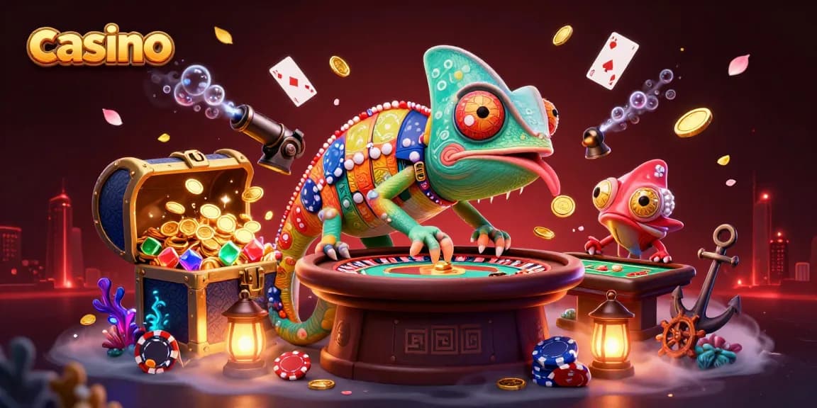 Catching golden coins at the casino with a chameleon owner amidst underwater treasures and vibrant elements