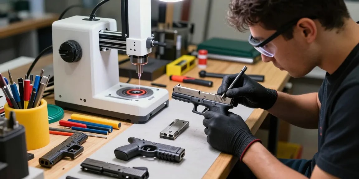 Precision Glock slides customization process at https://precisionglockslides.com with skilled gunsmith and tools.