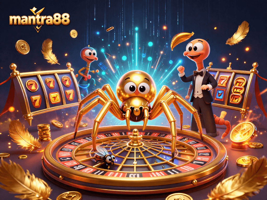 Experience thrilling gaming moments with mantra88 at the roulette wheel, featuring a unique golden web.