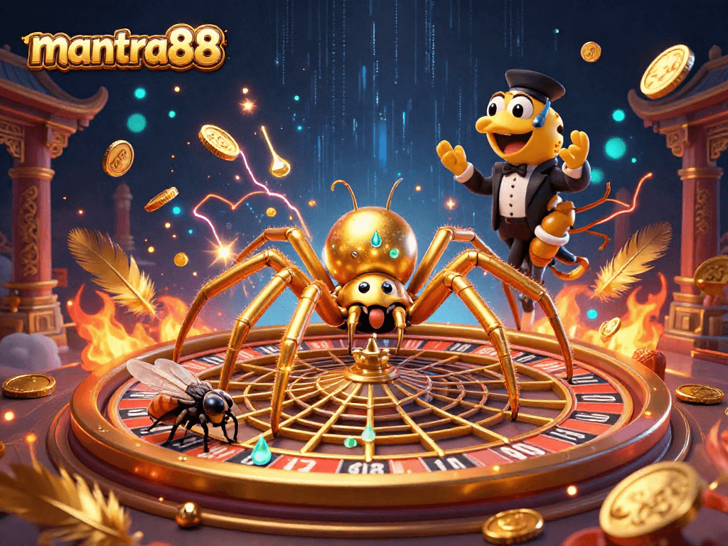 Experience thrilling bets at mantra88 with a golden spider roulette web in a vibrant, action-packed gambling scene.
