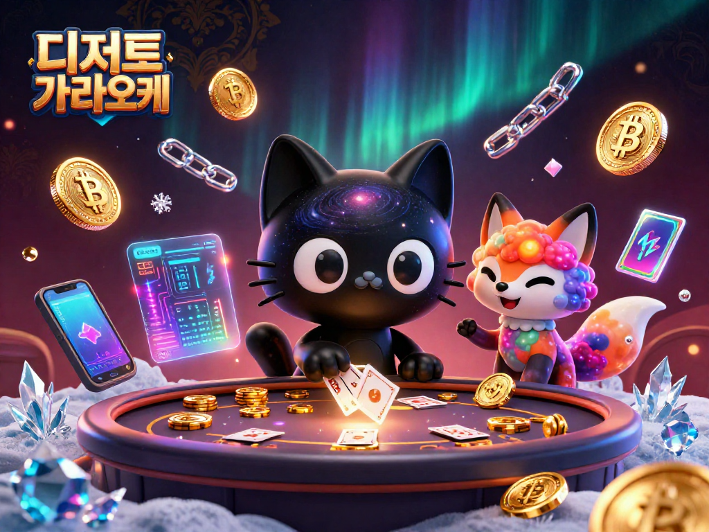 디저트 가라오케에서 흥미진진한 슬롯 게임을 즐기는 만화적 캐릭터들