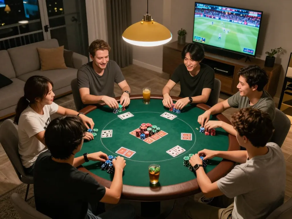 Những người bạn tham gia trò chơi poker trong một không gian ấm cúng minh họa cho m88 mới nhất hôm nay