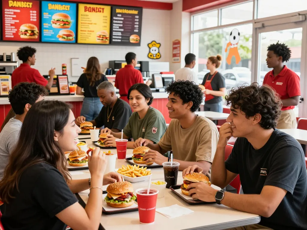Group enjoying fast food meals, highlighting fast food prices in a lively restaurant setting.