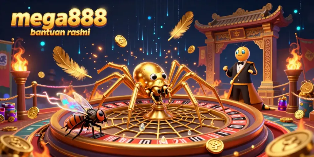 Engage in thrilling gameplay with mega888 bantuan rasmi, featuring a golden spider and fly at a roulette wheel.