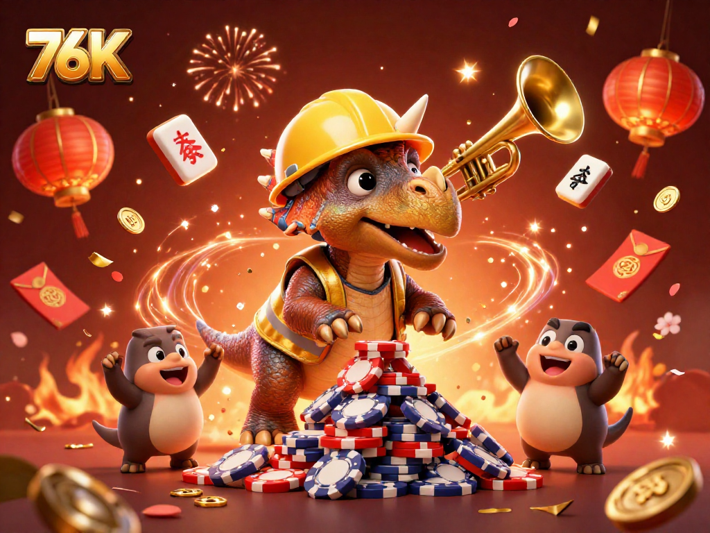 Pirâmide de fichas de poker celebrada com personagens 76K em um cenário vibrante.