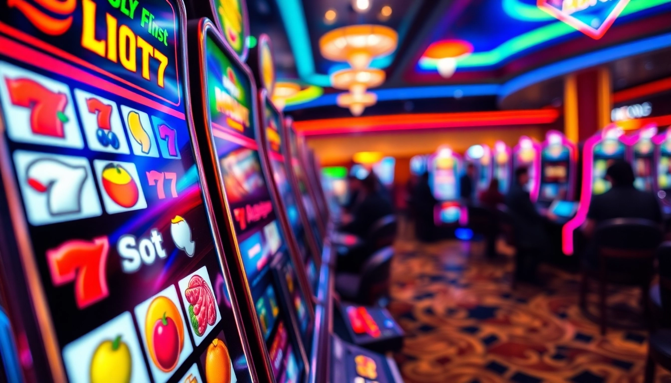 Slot77 mesin dengan simbol buah cerah dalam suasana kasino yang ramai.