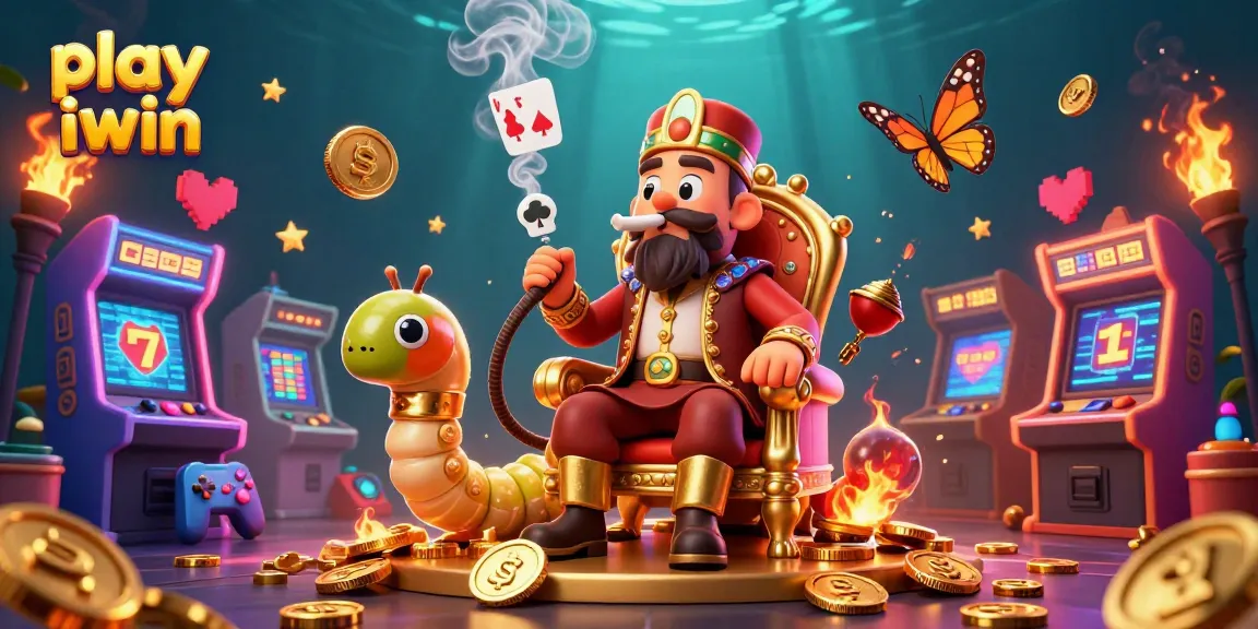 Play iwin with a vibrant 3D illustration featuring a caterpillar casino master and colorful gaming elements.