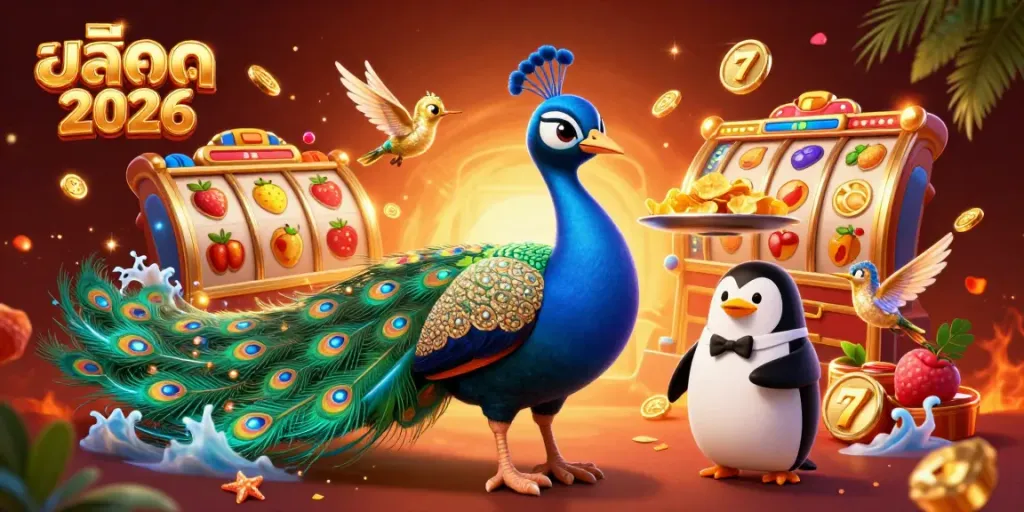 Engage in สล็อต 2026 excitement with a vibrant 3D casino scene featuring a peacock, a penguin, and a hummingbird
