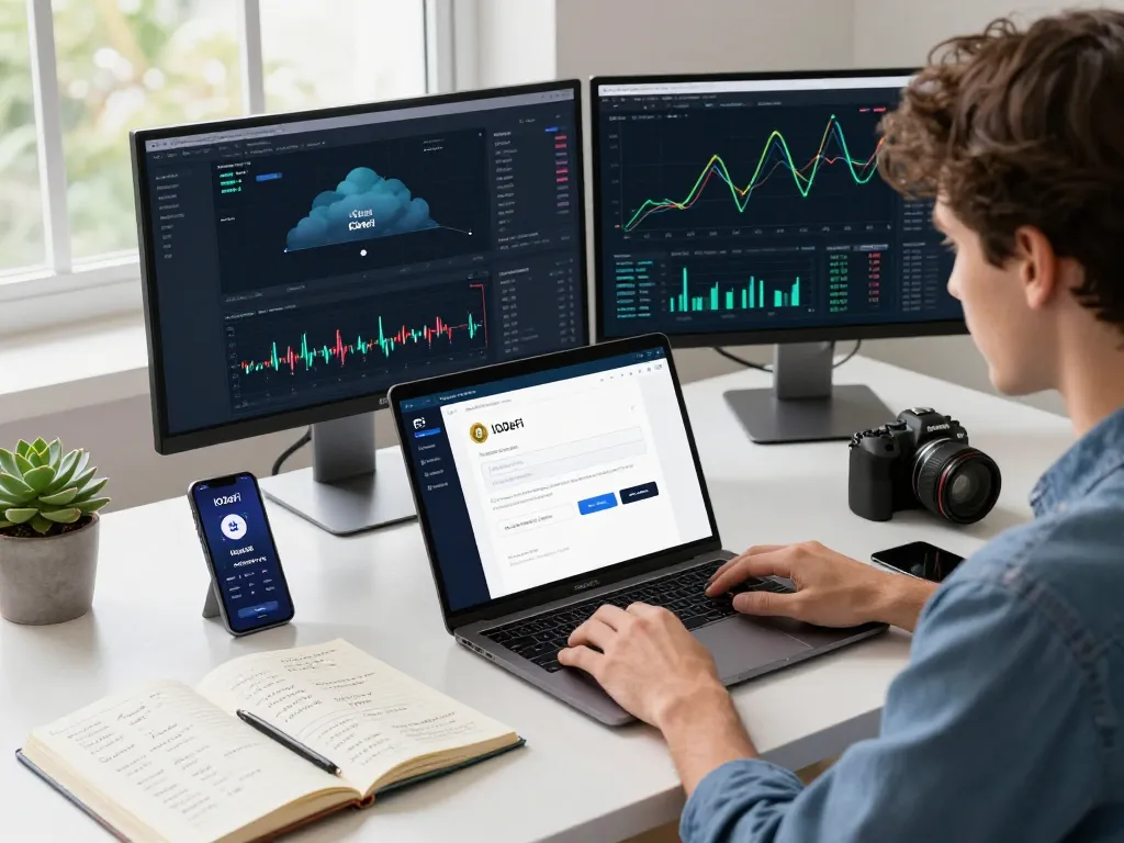 Complete IODeFi registration on a laptop in a modern workspace, showcasing cryptocurrency integration.