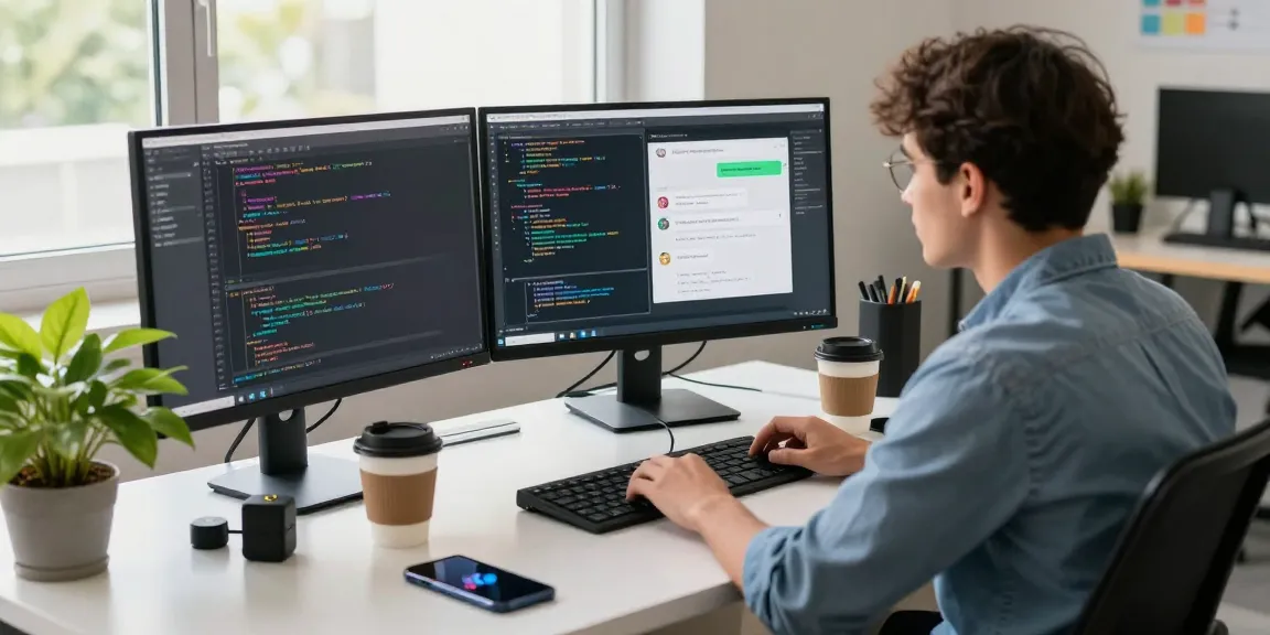 WhatsApp下載 process illustrated with a developer coding and collaborating in a vibrant tech workspace.