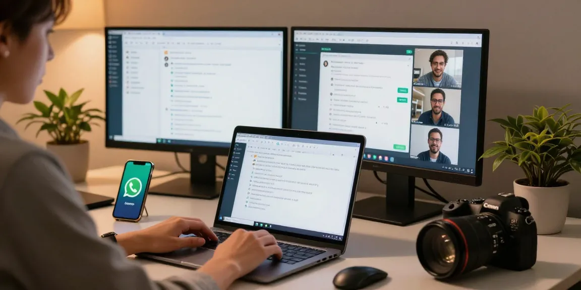 Using WhatsApp網頁版 on a modern laptop in a cozy office.