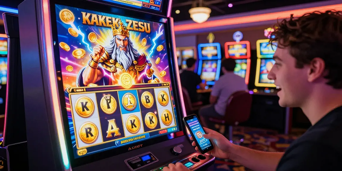 Kakek Zeus pada mesin slot dengan pemain bersemangat dan suasana kasino yang meriah.