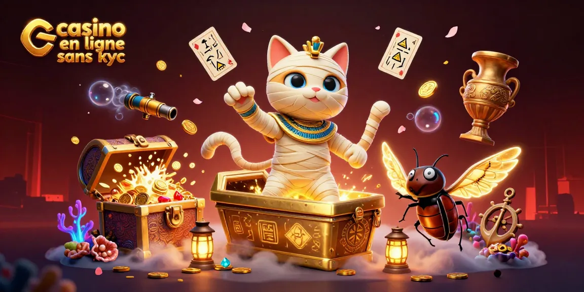 Illustration animée de casino en ligne sans kyc avec un chat momie égyptien et des éléments de jeux vibrants.