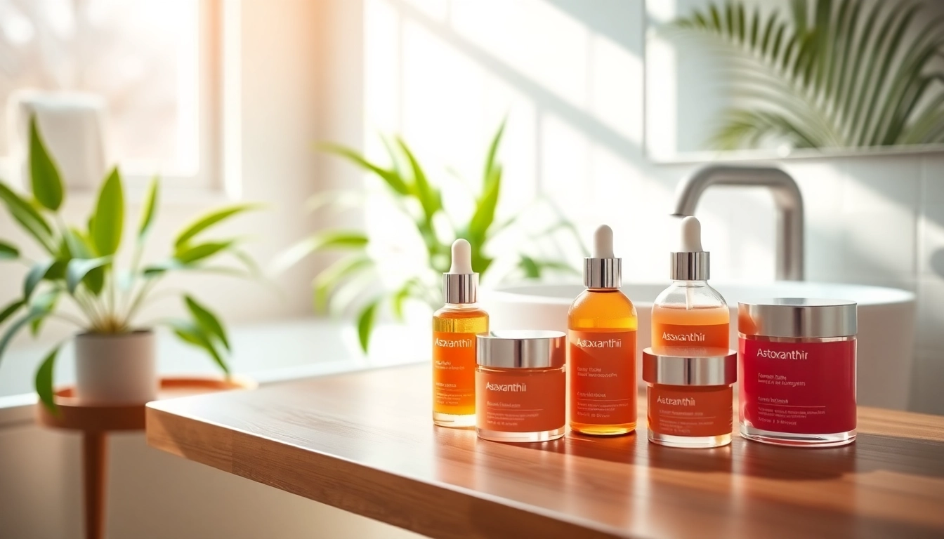 Learn how does astaxanthin help skin through a colorful skincare product display.