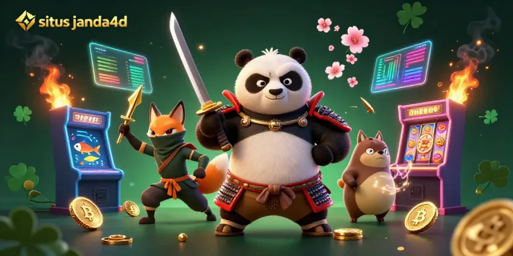 Gambarkan aksi menarik di situs janda4d dengan panda samurai dan fox ninja di latar belakang kasino.
