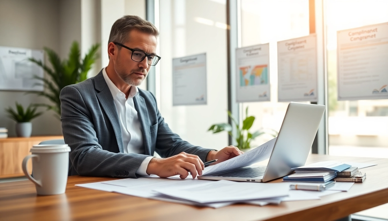 Consultant examining grants and pre-post award compliance documents in a bright office.