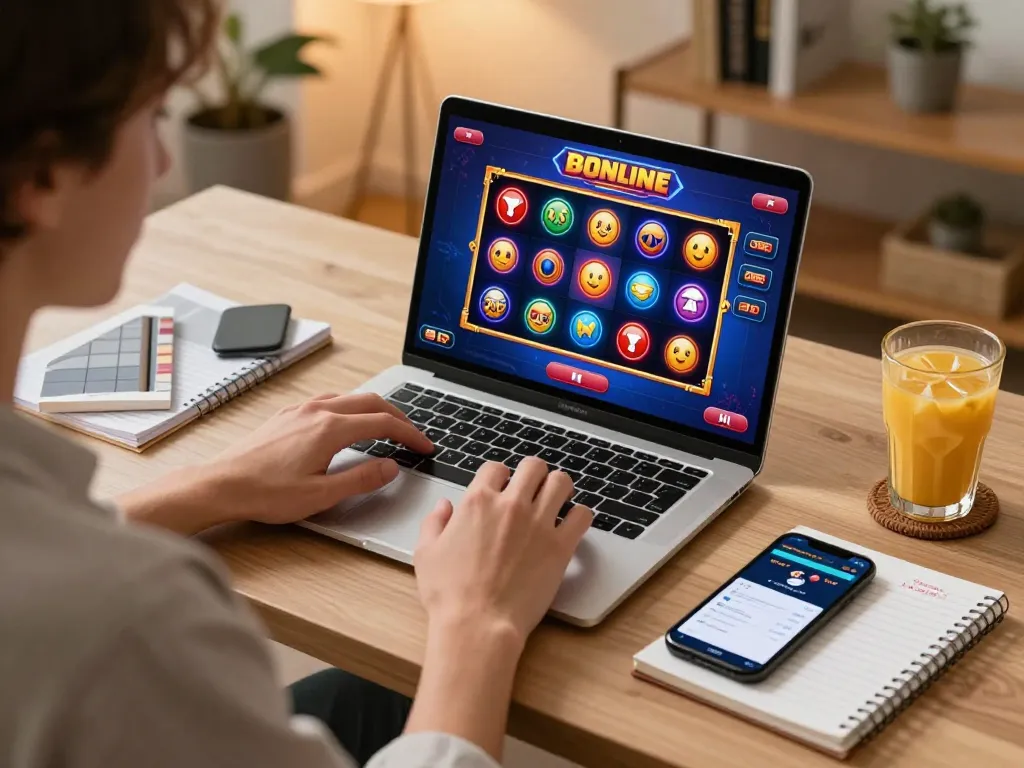 Engaging in online gaming for slot gacor gampang menang with colorful slot icons on a laptop screen.