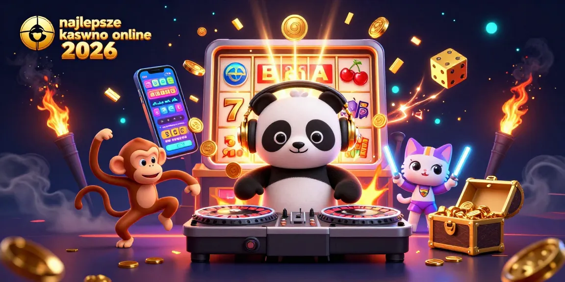 Najlepsze kasyno online 2026: DJ panda w kasynowej ilustracji z slotami i efektami jackpotu