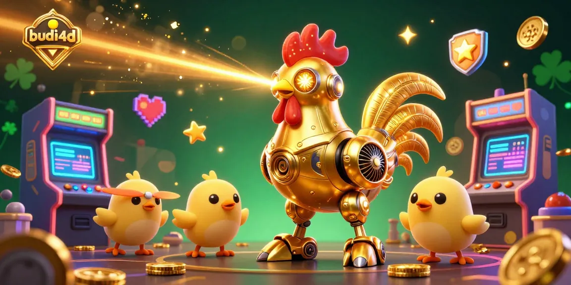 Engage in exciting wins with budi4d, featuring a golden rooster robot and animated game machines.