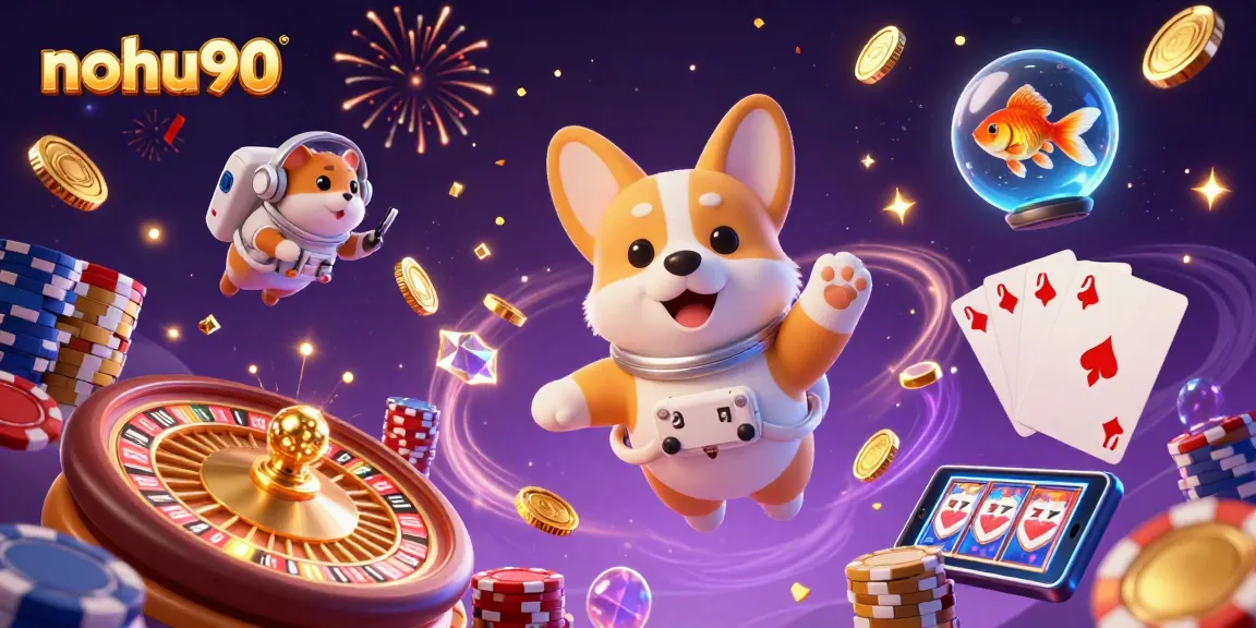 Nohu90 captures the thrill of floating in a casino with vibrant gambling elements and characters