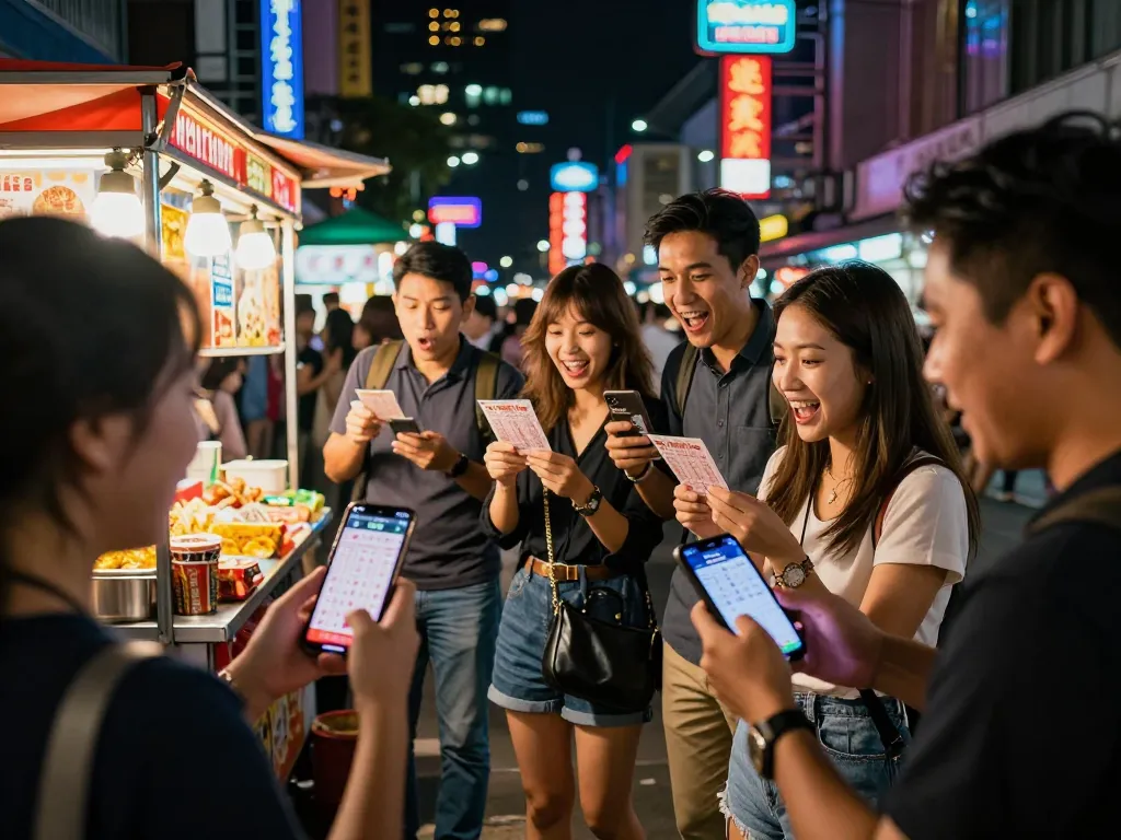 Excited friends checking Data HK lottery results under neon lights in Hongkong.