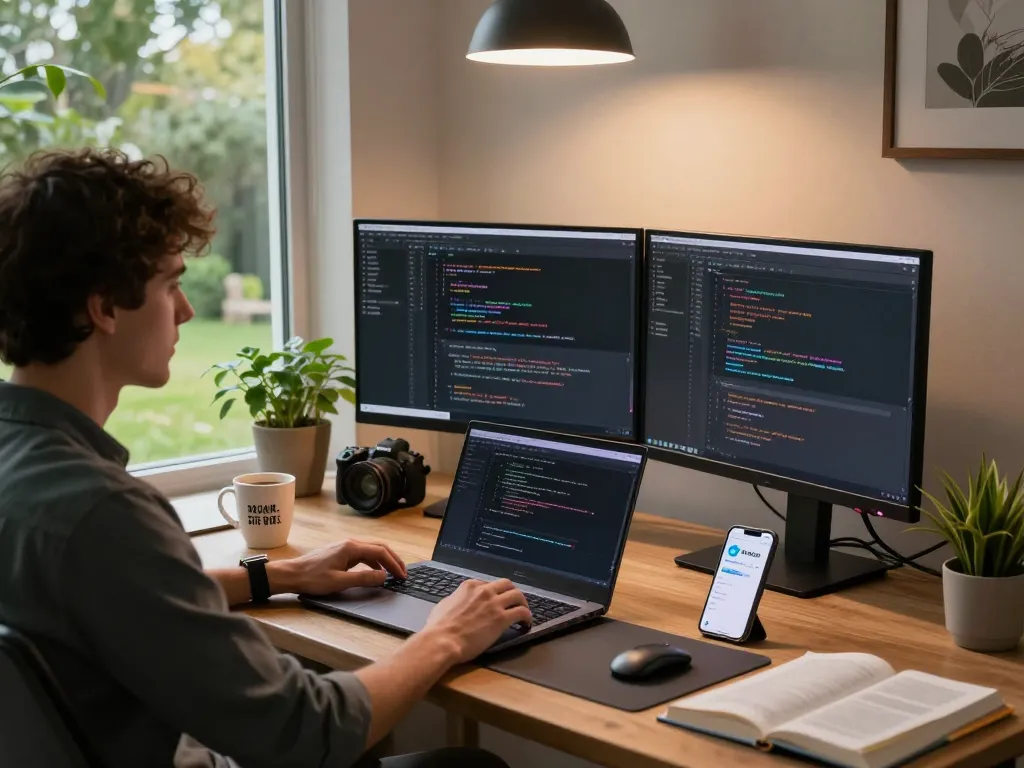 Moltbot AI setup in a modern workspace with a laptop, dual monitors, and coding scripts.