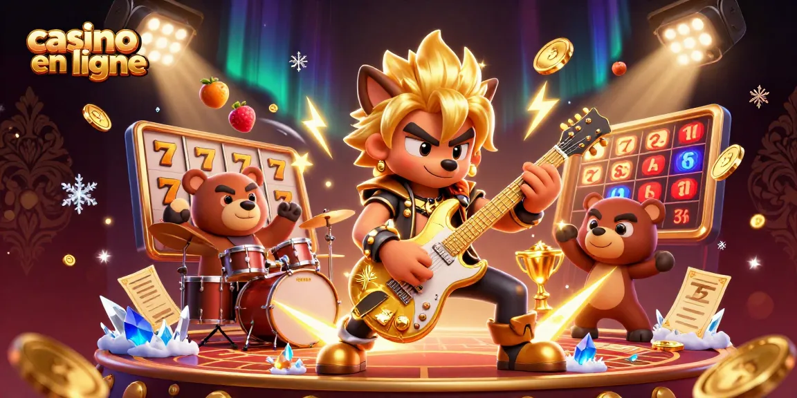 Profitez de l'excitation du casino en ligne avec une scène dynamique d'un loup rock star et un ours batteur sur scène.