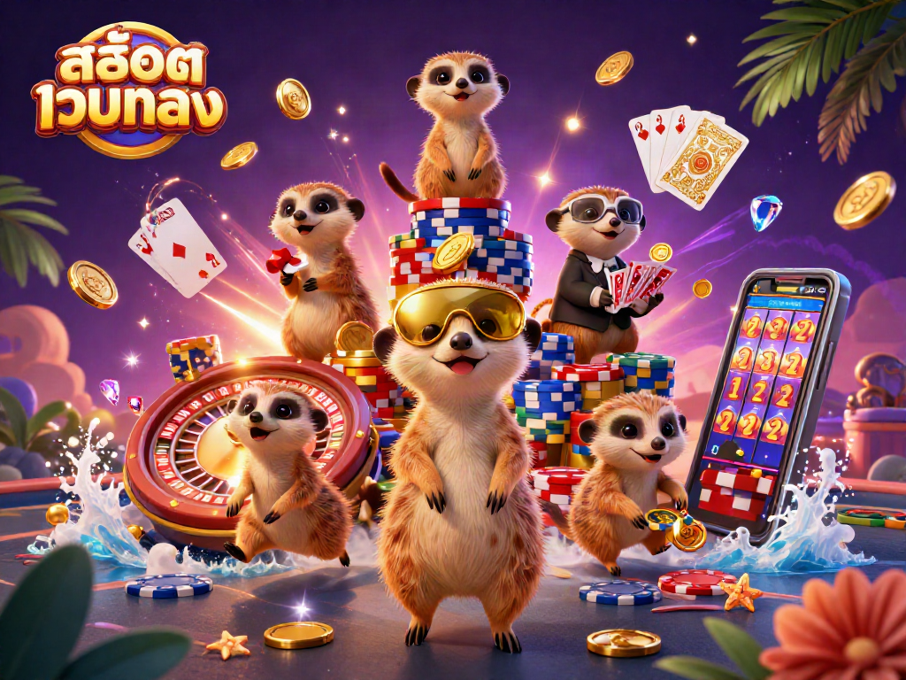 Experience the thrill of a vibrant casino with สล็อตเว็บตรง meerkats running a dynamic operation amid golden coins and colorful chips.