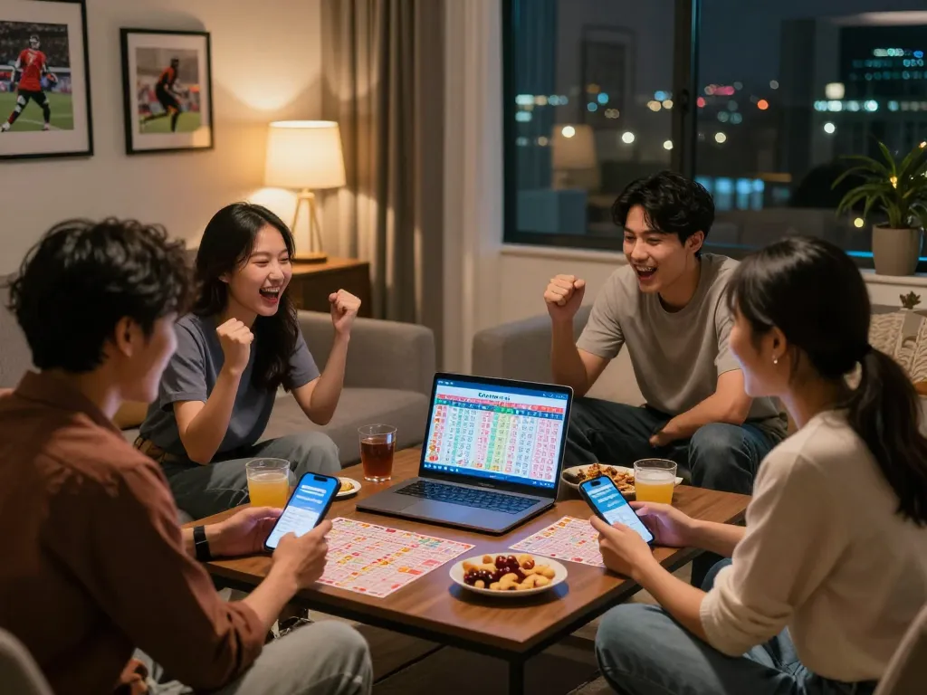 Friends celebrating while checking Data HK lottery results during game night.