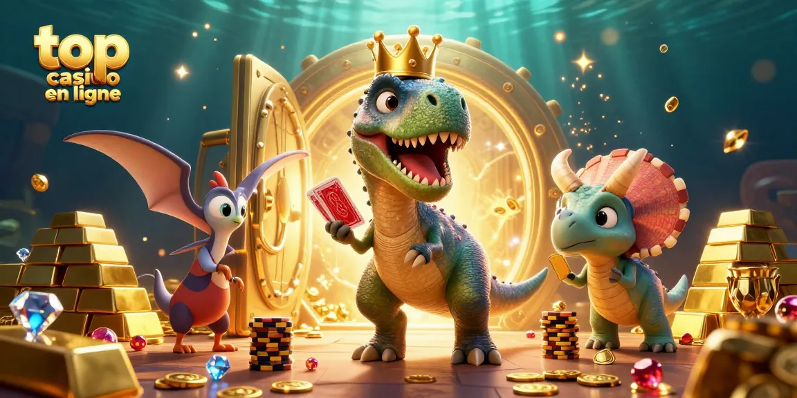 Les personnages amusants au top casino en ligne empilent des jetons d'or et jouent aux cartes dans un environnement fantastique.