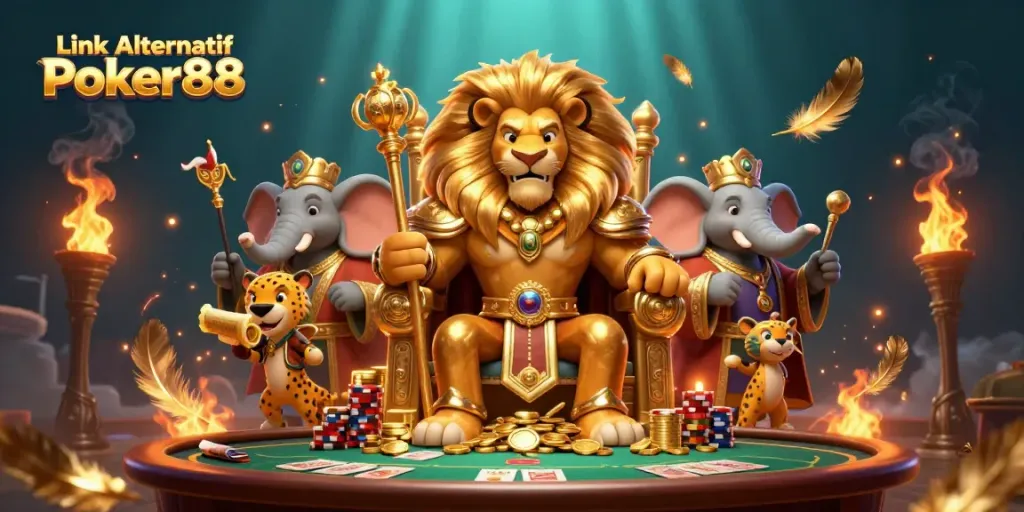Experience the excitement of Link Alternatif Poker88 with intense poker action in a vivid scene featuring royal characters.